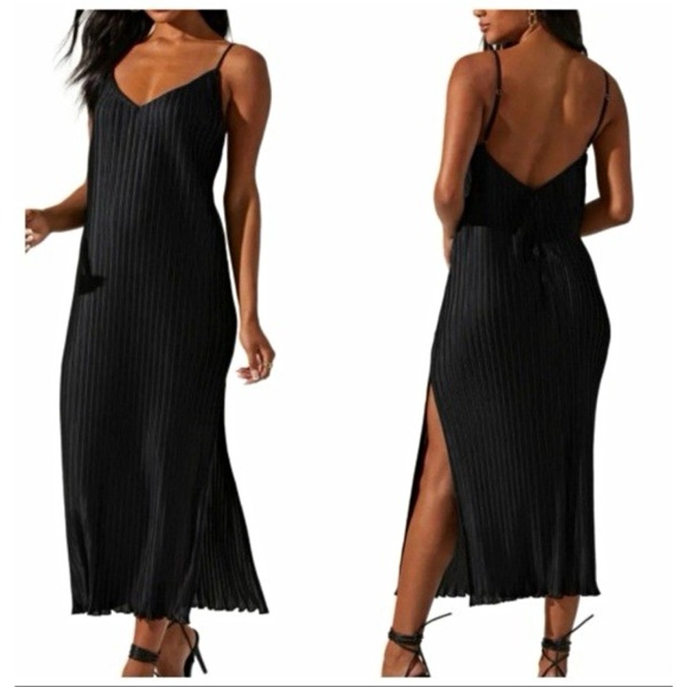 ASTR The Label Pleated Midi Dress Black V Neck Slip Dress Women's XL see pic
